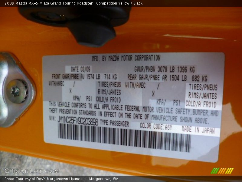 2009 MX-5 Miata Grand Touring Roadster Competition Yellow Color Code A6Y