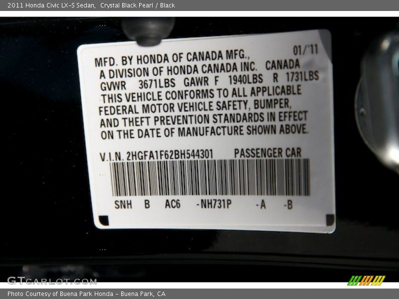Crystal Black Pearl / Black 2011 Honda Civic LX-S Sedan