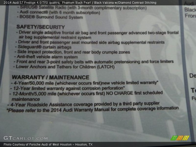  2014 S7 Prestige 4.0 TFSI quattro Window Sticker