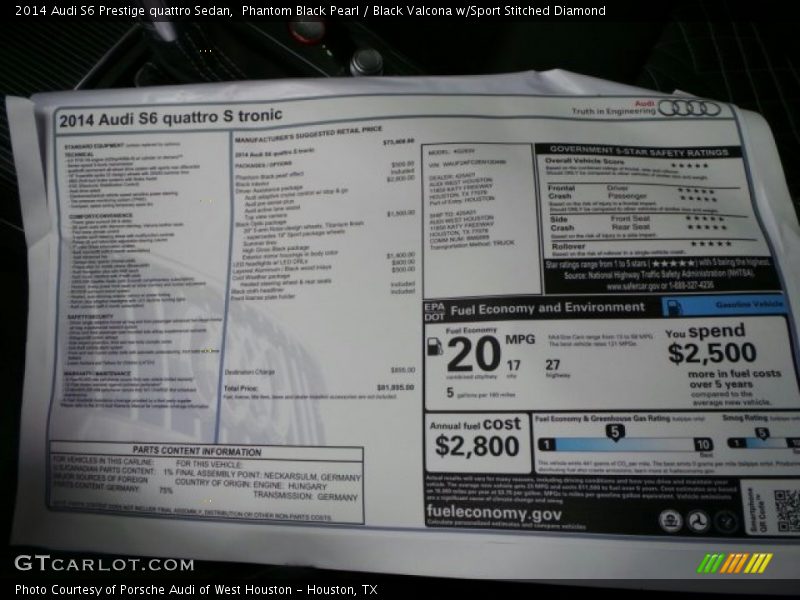 Phantom Black Pearl / Black Valcona w/Sport Stitched Diamond 2014 Audi S6 Prestige quattro Sedan