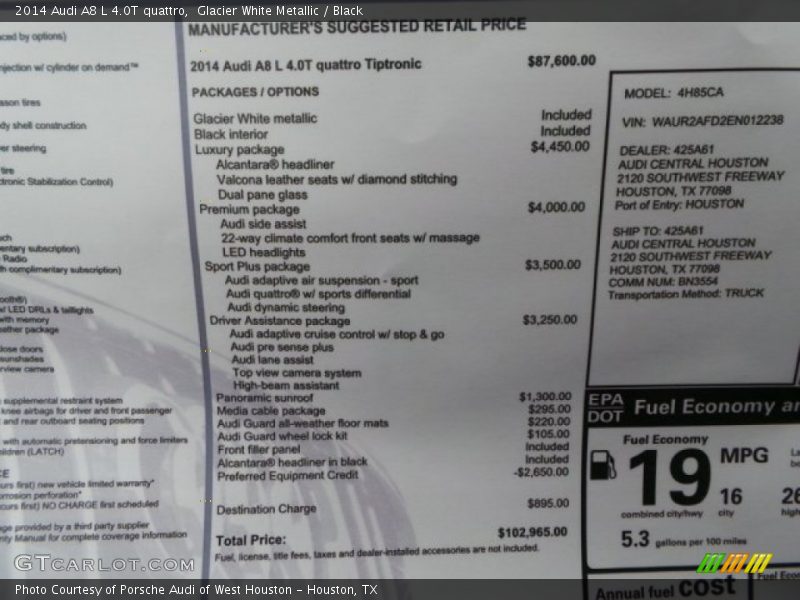 Glacier White Metallic / Black 2014 Audi A8 L 4.0T quattro