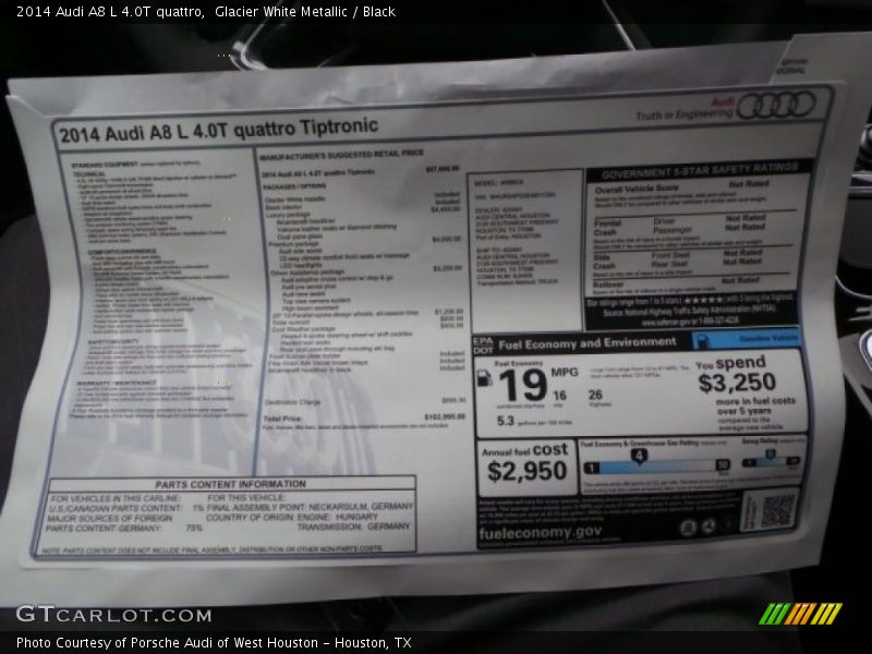 Glacier White Metallic / Black 2014 Audi A8 L 4.0T quattro