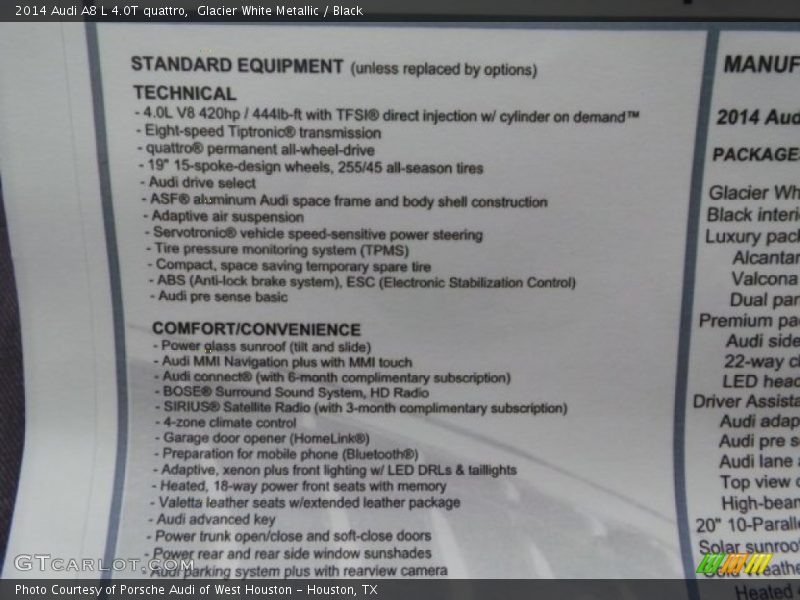 Glacier White Metallic / Black 2014 Audi A8 L 4.0T quattro