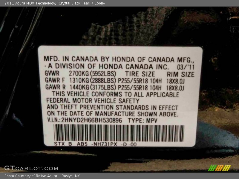 Crystal Black Pearl / Ebony 2011 Acura MDX Technology