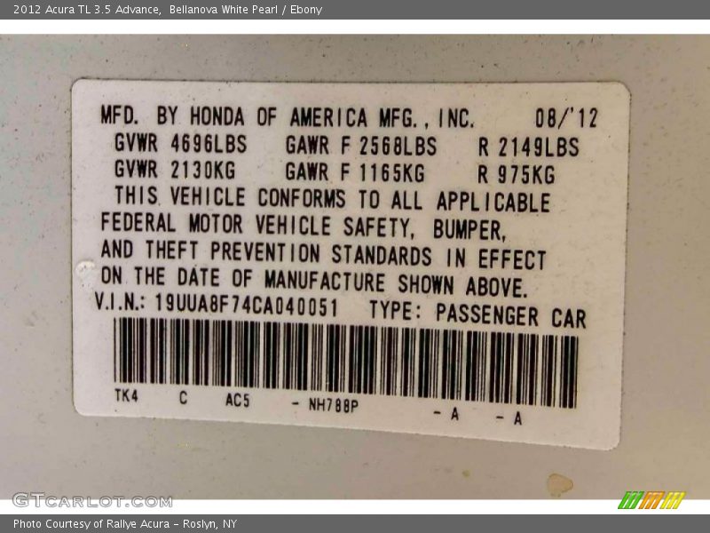 Bellanova White Pearl / Ebony 2012 Acura TL 3.5 Advance