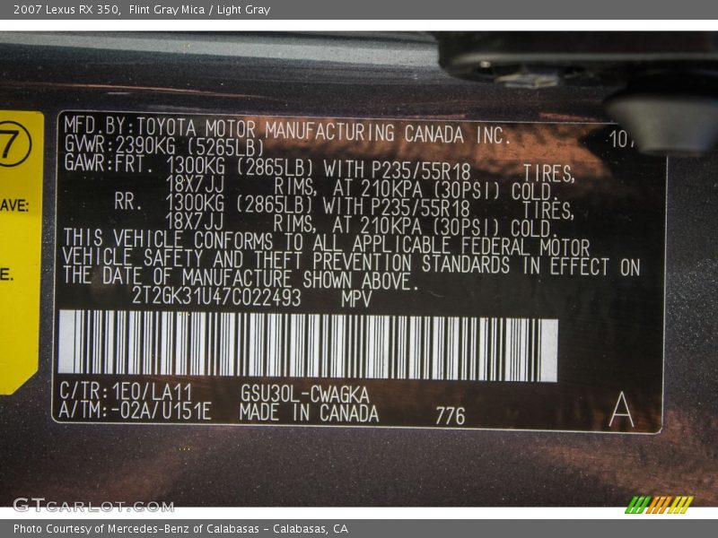 Flint Gray Mica / Light Gray 2007 Lexus RX 350