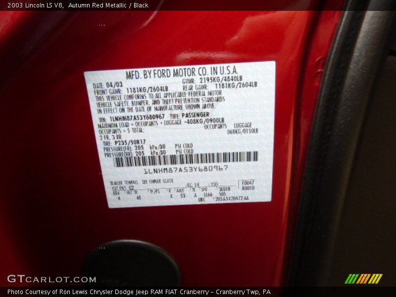 2003 LS V8 Autumn Red Metallic Color Code G2