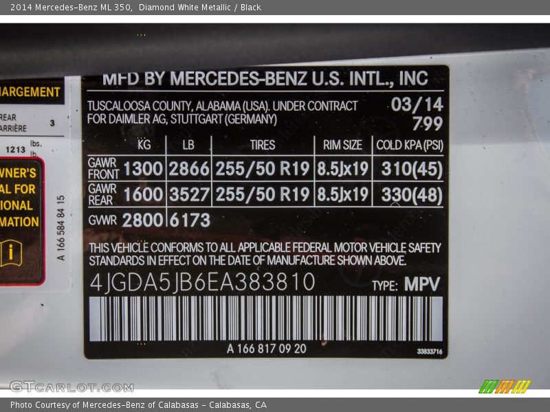 Diamond White Metallic / Black 2014 Mercedes-Benz ML 350