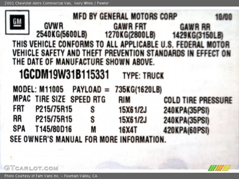 Ivory White / Pewter 2001 Chevrolet Astro Commercial Van