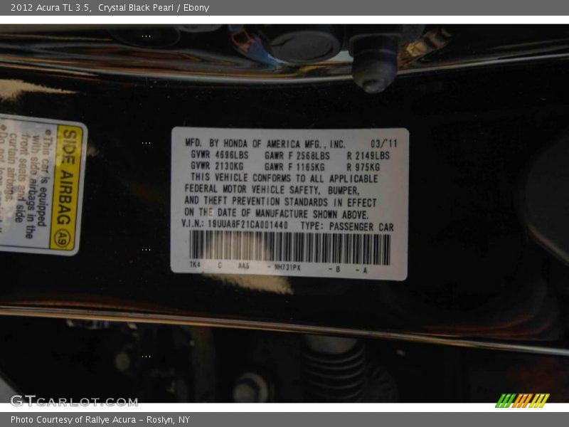 Crystal Black Pearl / Ebony 2012 Acura TL 3.5