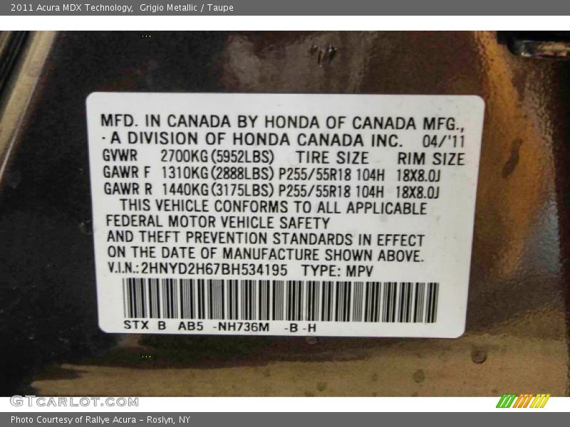 Grigio Metallic / Taupe 2011 Acura MDX Technology