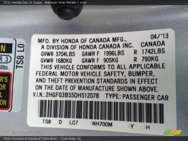 Alabaster Silver Metallic / Gray 2013 Honda Civic LX Coupe