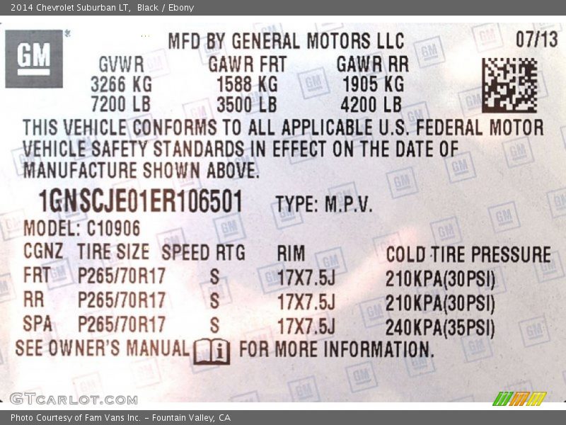 Info Tag of 2014 Suburban LT