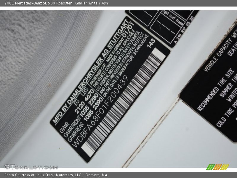 2001 SL 500 Roadster Glacier White Color Code 143