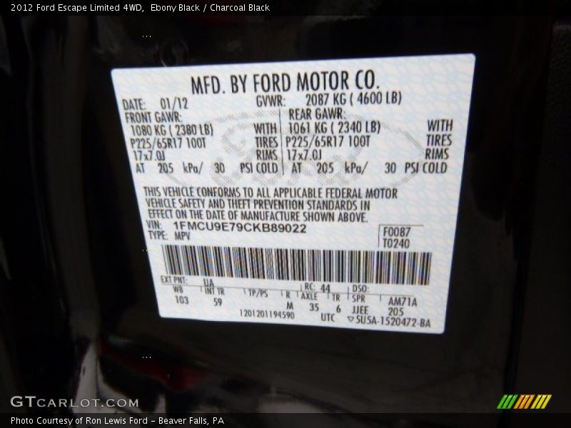 Ebony Black / Charcoal Black 2012 Ford Escape Limited 4WD