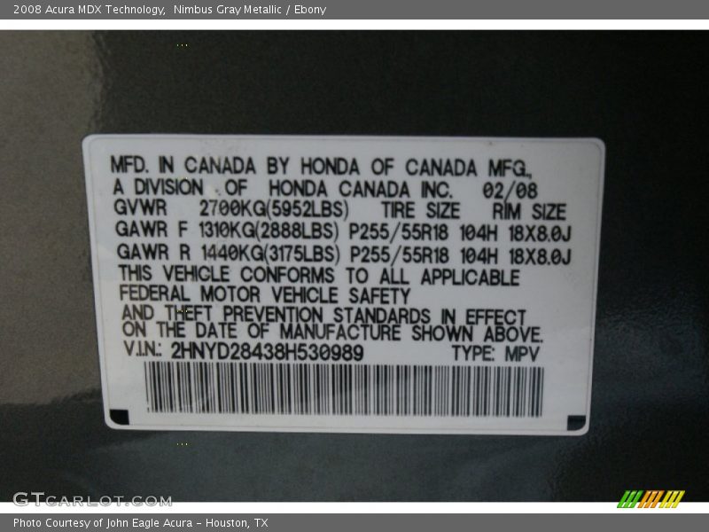 Nimbus Gray Metallic / Ebony 2008 Acura MDX Technology