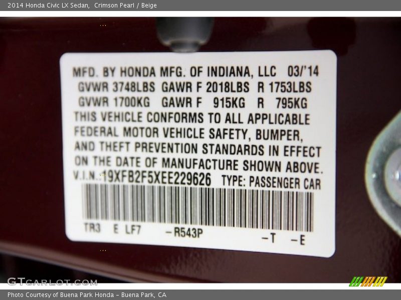 Crimson Pearl / Beige 2014 Honda Civic LX Sedan