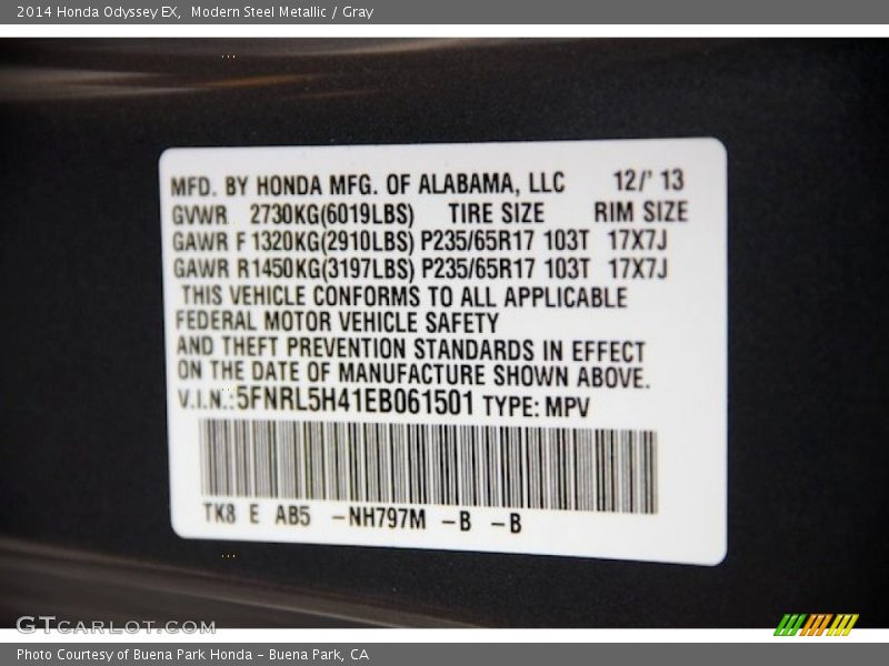 Modern Steel Metallic / Gray 2014 Honda Odyssey EX