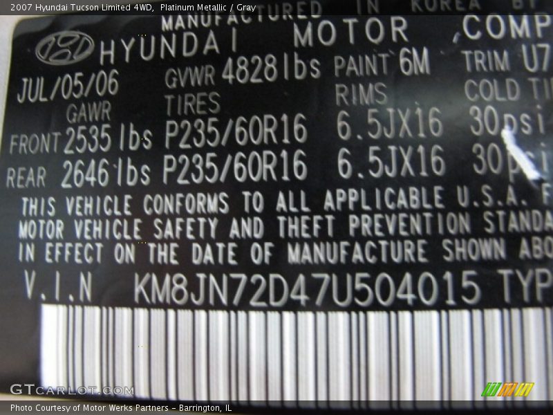 Platinum Metallic / Gray 2007 Hyundai Tucson Limited 4WD