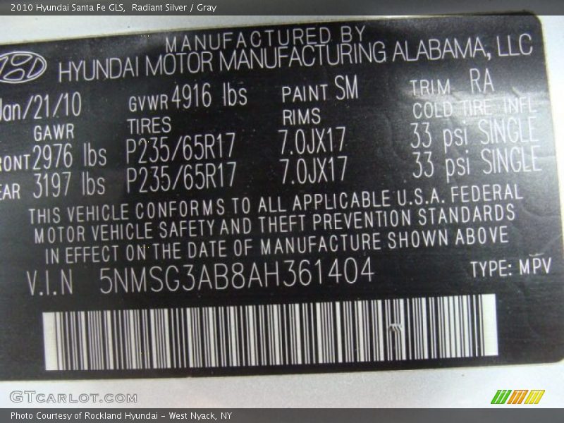 Radiant Silver / Gray 2010 Hyundai Santa Fe GLS