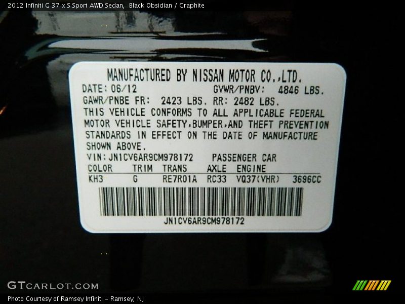 2012 G 37 x S Sport AWD Sedan Black Obsidian Color Code KH3