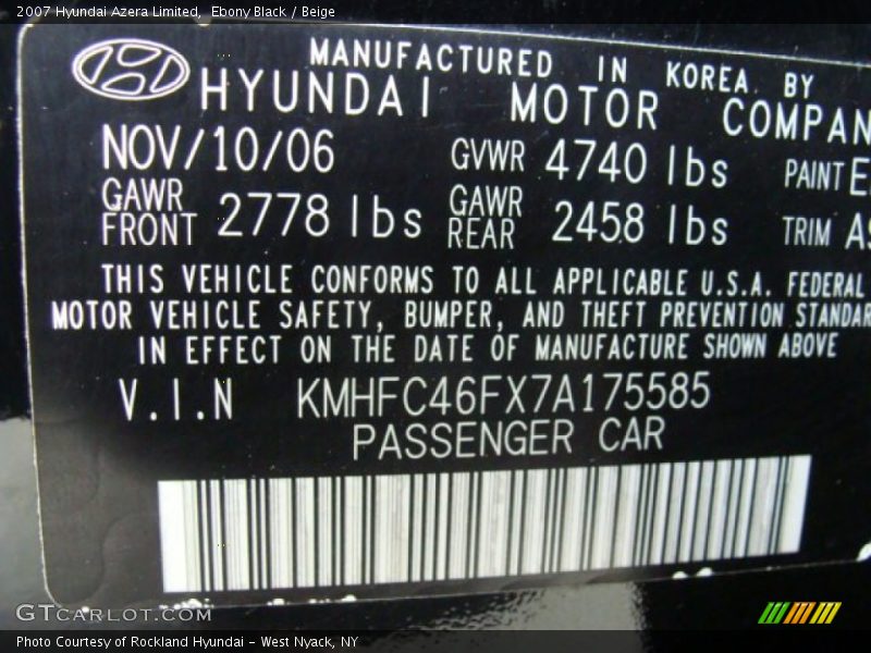 Ebony Black / Beige 2007 Hyundai Azera Limited