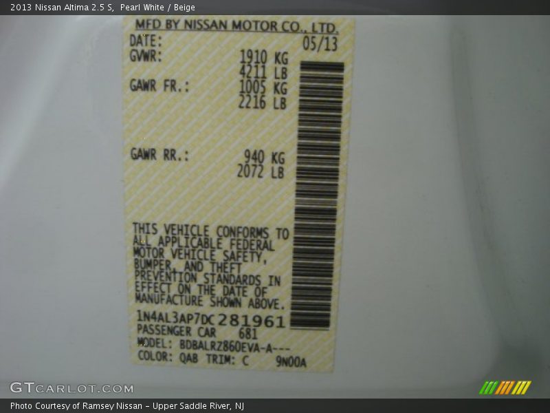 Pearl White / Beige 2013 Nissan Altima 2.5 S