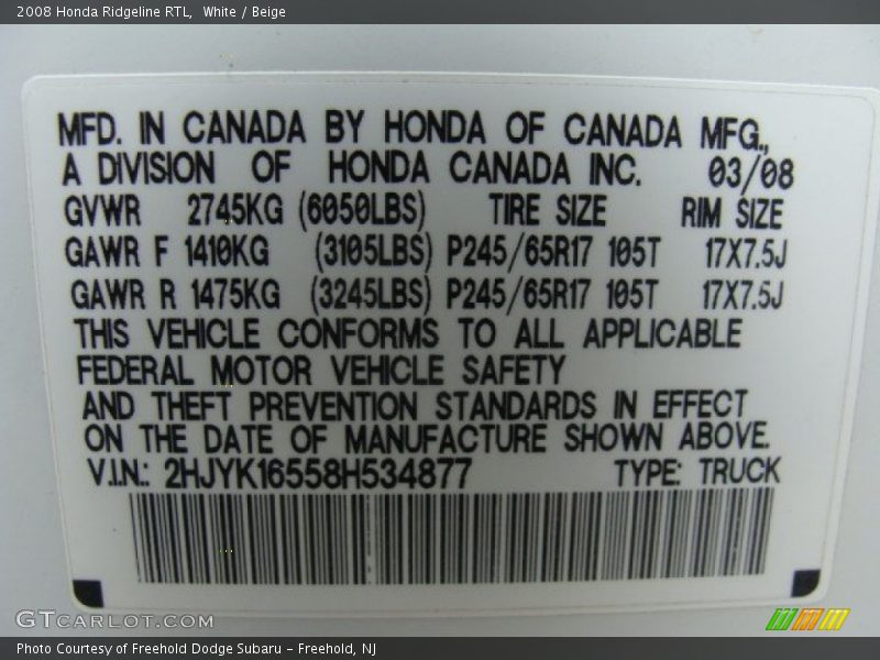 White / Beige 2008 Honda Ridgeline RTL