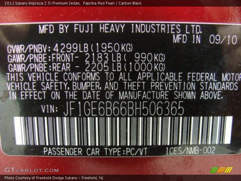 Paprika Red Pearl / Carbon Black 2011 Subaru Impreza 2.5i Premium Sedan