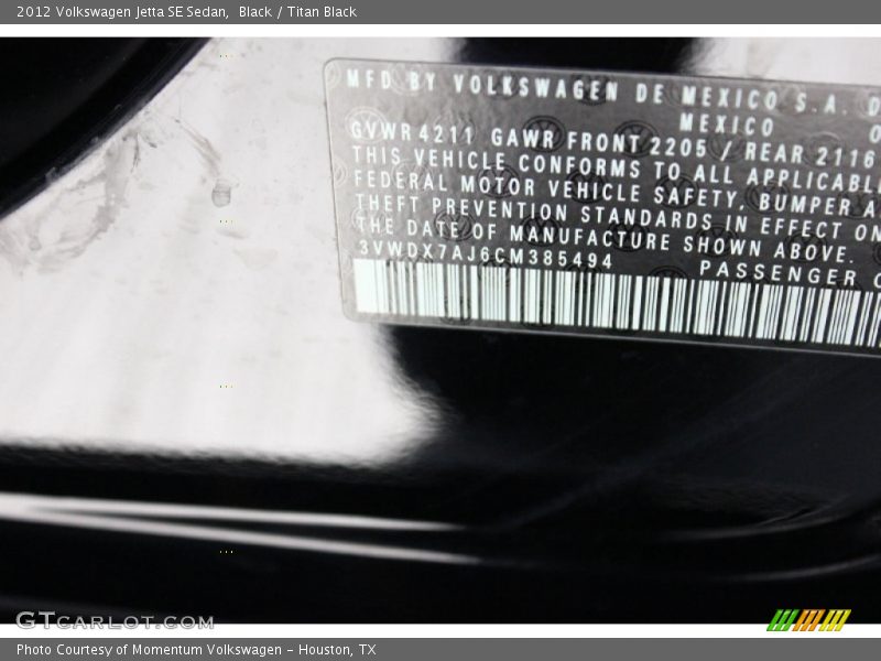 Black / Titan Black 2012 Volkswagen Jetta SE Sedan