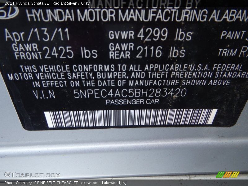 Radiant Silver / Gray 2011 Hyundai Sonata SE