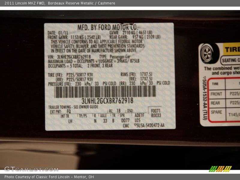 Bordeaux Reserve Metallic / Cashmere 2011 Lincoln MKZ FWD