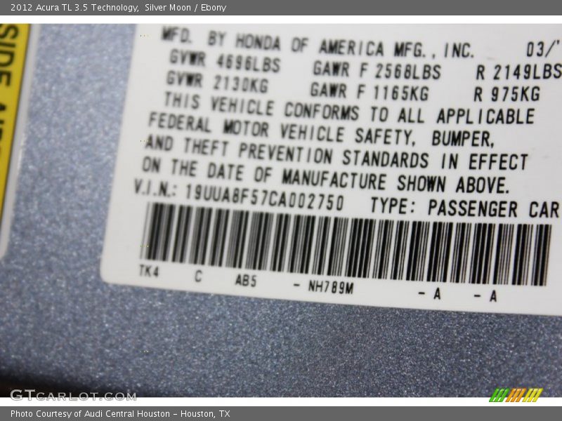 Silver Moon / Ebony 2012 Acura TL 3.5 Technology