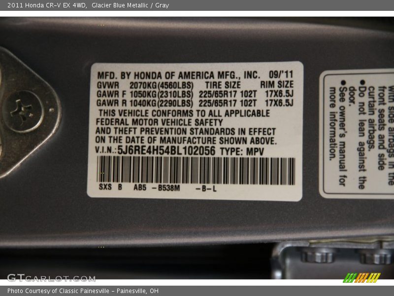 Glacier Blue Metallic / Gray 2011 Honda CR-V EX 4WD