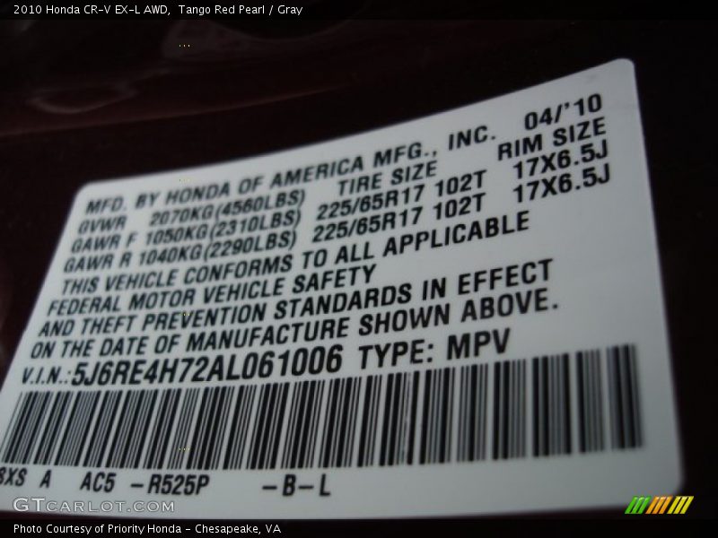 Tango Red Pearl / Gray 2010 Honda CR-V EX-L AWD