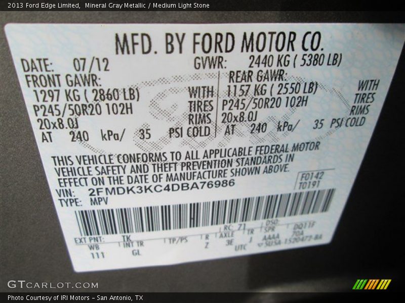 Mineral Gray Metallic / Medium Light Stone 2013 Ford Edge Limited