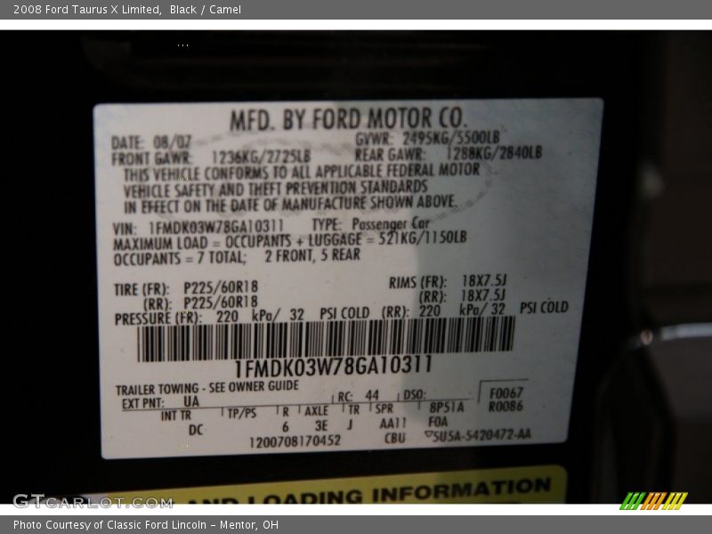 Black / Camel 2008 Ford Taurus X Limited