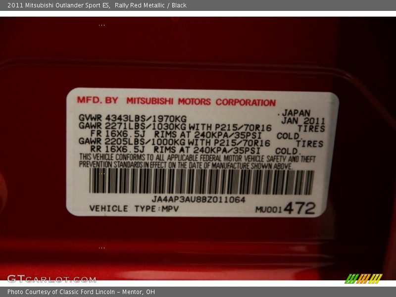 Rally Red Metallic / Black 2011 Mitsubishi Outlander Sport ES