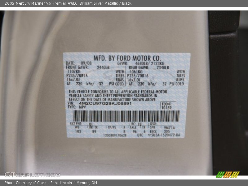 2009 Mariner V6 Premier 4WD Brilliant Silver Metallic Color Code UI
