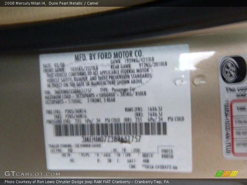 Dune Pearl Metallic / Camel 2008 Mercury Milan I4