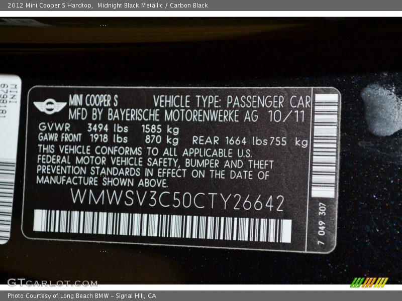 Midnight Black Metallic / Carbon Black 2012 Mini Cooper S Hardtop