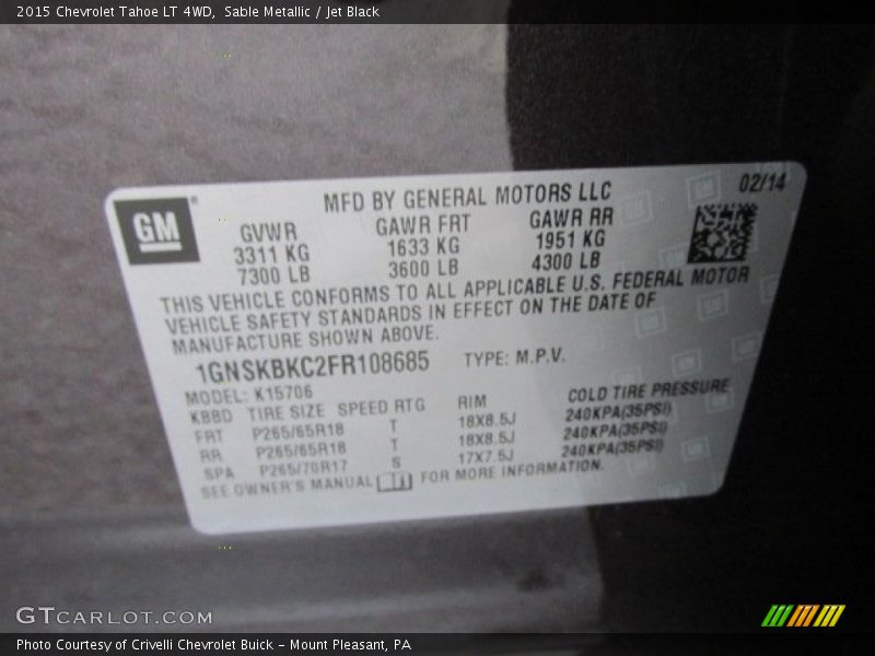 Sable Metallic / Jet Black 2015 Chevrolet Tahoe LT 4WD