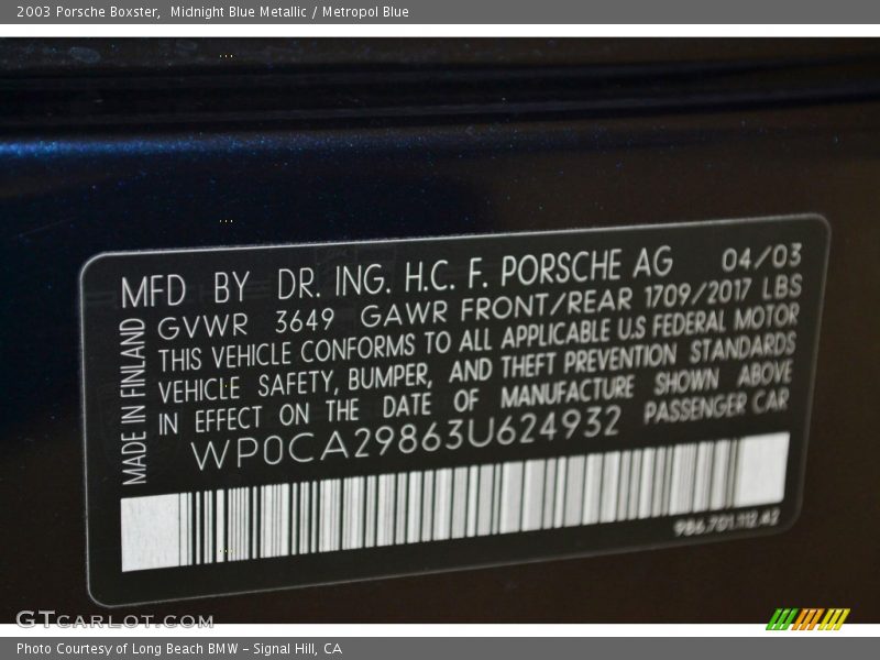 Midnight Blue Metallic / Metropol Blue 2003 Porsche Boxster