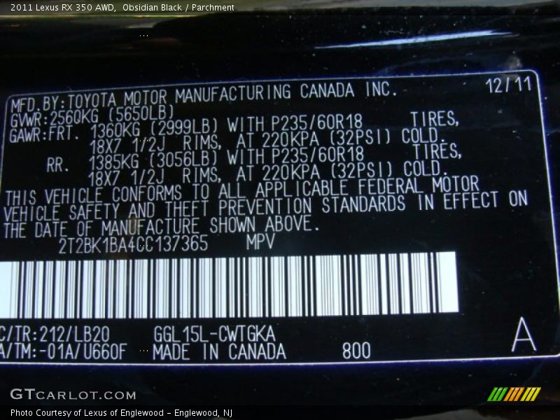 Obsidian Black / Parchment 2011 Lexus RX 350 AWD