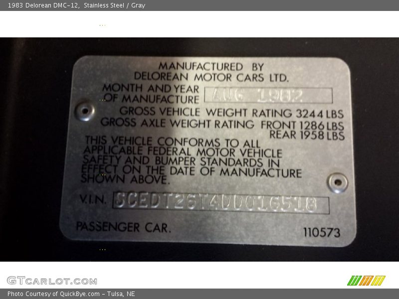 Info Tag of 1983 DMC-12 