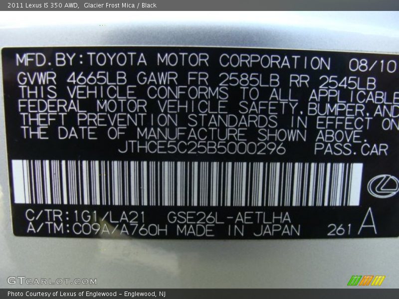 2011 IS 350 AWD Glacier Frost Mica Color Code 1G1