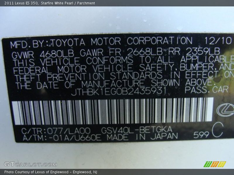 Starfire White Pearl / Parchment 2011 Lexus ES 350