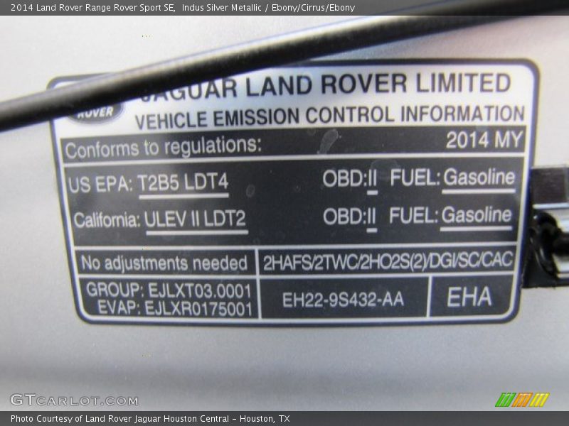 Info Tag of 2014 Range Rover Sport SE