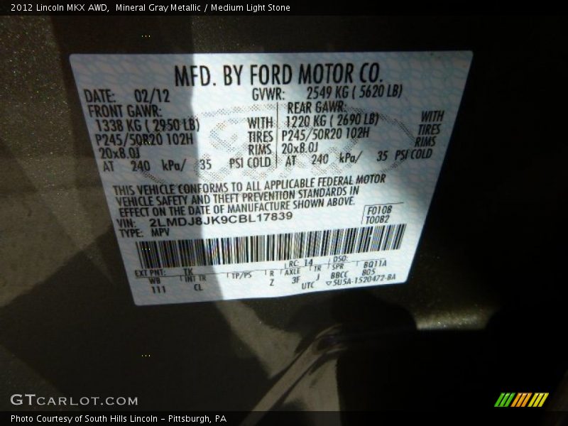 Mineral Gray Metallic / Medium Light Stone 2012 Lincoln MKX AWD