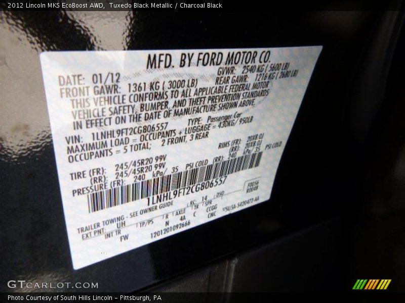 Tuxedo Black Metallic / Charcoal Black 2012 Lincoln MKS EcoBoost AWD